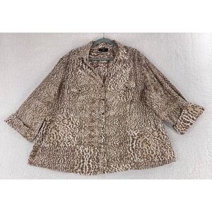 Foxcroft Brown Animal Print Fitted Fit Button-Up Shirt Womens 3/4 Sleeve 26W
